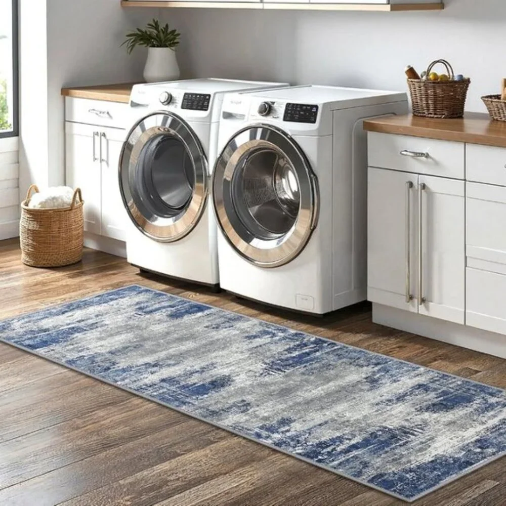New 3-Piece Blue & Ivory Kitchen Rug Set, Non-Slip, Washable, Waterproof Mats